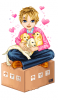 A boy sitting on a box w/ his puppies