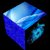 rotating cube with blue backgrounds on it