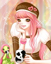 cute pink-haired girl with a mug
