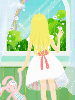 cute kawaii blonde girl with her bunny looking at a rainbow at the window