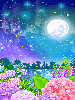 cute kawaii night scene with flowers & full moon